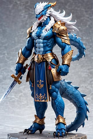 solo, long hair, blue eyes, 1boy, very long hair, standing, tail, full body, weapon, white hair, male focus, horns, sword, grey background, armor, colored skin, shoulder armor, claws, pelvic curtain, furry, pauldrons, blue skin, dragon tail, vambraces, scales, furry male, loincloth, monster boy, digitigrade