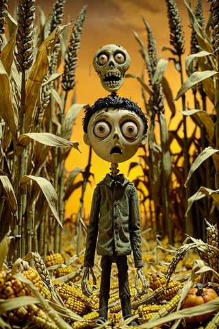 A scene from what appears to be a stop-motion animated film. In the foreground, there's a young animated character with large eyes, wearing a simple outfit, looking surprised or alarmed. Behind him, there's a menacing skeletal figure with an open mouth, revealing sharp teeth. The setting is a haunting cornfield with tall, withered cornstalks, some of which have dried leaves hanging from them. The overall color palette is warm, dominated by shades of orange and yellow, creating an eerie and suspenseful atmosphere.