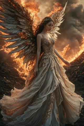 A woman with large, intricately detailed wings, standing amidst a fiery and tumultuous backdrop. She wears a flowing gown adorned with golden embellishments. Her gaze is intense, and she extends her hand outward, as if reaching for something or someone. The scene is dramatic, with flames and smoke rising from the ground, and the sky overhead is filled with dark, ominous clouds.