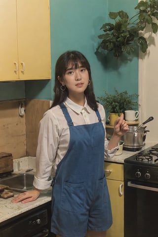 80s japan, 80s japanese furniture, kitchen, cupboard, ((more detailed interior)), (yellow and blue and pink pastel theme)), 1girl, solo, long hair, bangs, shirt, black hair, jewelry, earrings , apron, indoors, hood, book, plant,  shorts,  potted plant, rug,VINTAGE,pastelbg,akinanakamori,film_grain, ChineseWatercolorPainting