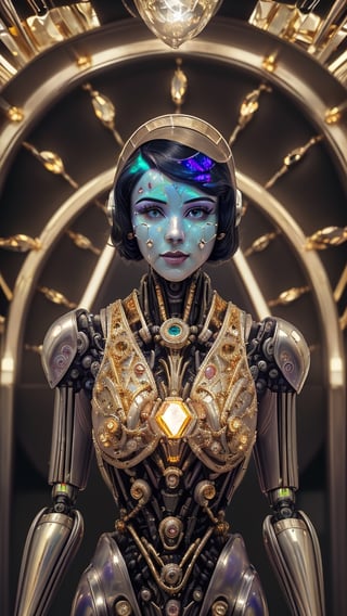 (masterpiece),(ultra realistic), (Highly detailed), (photo medium shot:1.5), (Create a half body photo shot realistic of an biomechanical retro styled robot girl with all face skin made of light purple gem stone pieces with inlay of intricate mechanical highly polished german silver gears and pieces on the face and body, many lines of gold decorate in art deco style her face and body:1.5), (sub surface scatering light:1.2) on background a big hall of a retro futuristic buiding in art deco style of 30's, noir sci fi movie, retro futurism, many gold, polished chrome, gem stone black opal, glass and luxurious, (medium shot:1.5)cinematic illumination,futubot 