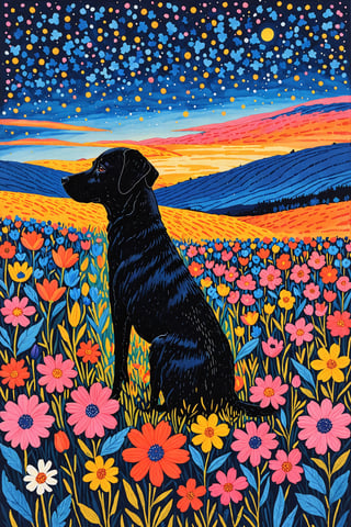 A serene nighttime landscape with a black dog sitting amidst a vibrant field of flowers. The dog is positioned towards the left side of the image, gazing upwards. The sky above is painted in deep blue hues, dotted with numerous white specks, representing stars. The horizon showcases a gentle slope, transitioning from the night sky to a warm orange, possibly indicating a sunset or sunrise. The field is teeming with a variety of flowers in shades of pink, blue, and yellow, with intricate details and patterns on each bloom.