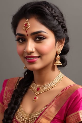 Beautiful tamil woman, face close up, grey background, black long hair braided and kept in front, round chubby face, sharp eyebrows, seductive eyes, looking straight into viewers, short nose, wearing visible nose ring, pimpled cheeks, smiling naughtily, dimple in cheeks, juicy pink lips, fair skintone,Masterpiece,indian_bride