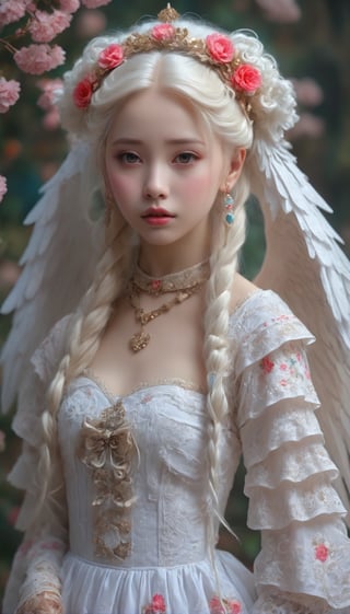 Solo,Albino Angel girl,Pure white long Pigtail hair,((Natural makeup)),colorful fashion,
Picture a mesmerizing fusion where the rich heritage of Hmong ethnic attire, intertwines with the enchanting world of Lolita fashion, The garment, a visual symphony, meticulously stitched in an array of colors, dress flows gracefully, embracing the whimsical elegance of Lolita fashion with lace, bows, and layers, ,Flower queen,Angel,DonMDr4g0nXL,real_booster