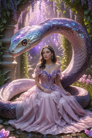 A woman adorned in a soft pink gown, seated in a fairytale garden with blooming flowers and a cobblestone path. She is accompanied by a large, lavender, serpentine creature with intricate scales and jewel-like adornments. The garden is illuminated by fairy lights, casting a magical glow, and there are arbors in the background. The woman's expression is calm and contemplative, and the creature seems to be gently resting against her.