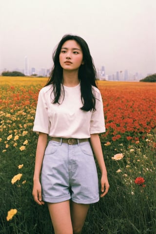 A melancholic autumn scene in a vast flower field,a gentle breeze rustling through the dry grass,fallen leaves scattered among the flowers, a bittersweet atmosphere, a moment of quiet contemplation,1girl,long hair,white_skirt, high-waist_shorts, outfit ,roses,(dynamic angle:1.1),vivid,Soft and warm color palette, delicate brushwork, evocative use of light and shadow, wide shot,subtle details in the wilting flowers,high contrast,color contrast,hongkong 80s