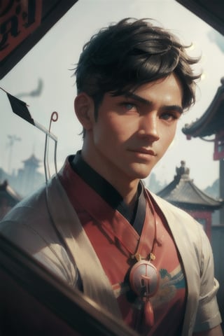 realistic, ((masterpiece)), ((best quality)), (detailed), cinematic, soft shadow, village background, professional photography, depth of field, intricate, detailed face, subsurface scattering, asian, manly, photo of a handsome man ,archer ,cartoon,black hair,ancient china,aim target,bow and arrow