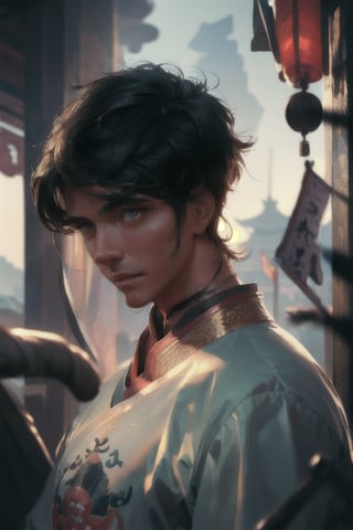realistic, ((masterpiece)), ((best quality)), (detailed), cinematic, soft shadow, village background, professional photography, depth of field, intricate, detailed face, subsurface scattering, asian, manly, photo of a handsome man ,archer ,cartoon,black hair,ancient china