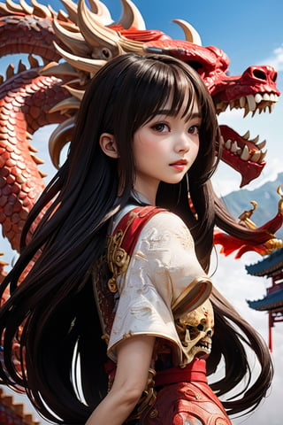 girl, portrait, long hair, beauty face, asia girl, masterpiece, best quality, realistic, detail skin, skull, blood, dragon