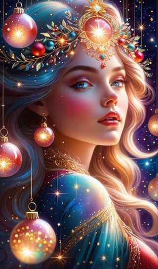 ultra close-up, ((1 santa girl)), a mesmerizing and dreamlike illustration of a celestial sweet christmas goddess surrounded by shimmering stars and cosmic energy, glass christmas balls hanging around, glowing christmas lights. This artwork embodies grace and divinity, with intricate details and a celestial color palette. Perfect for spiritual and fantasy-themed wall art, cinematic pose, dynamic. Illustrated by Daniel Merriam and Kinuko Y. Craft. side angle, sweet expression