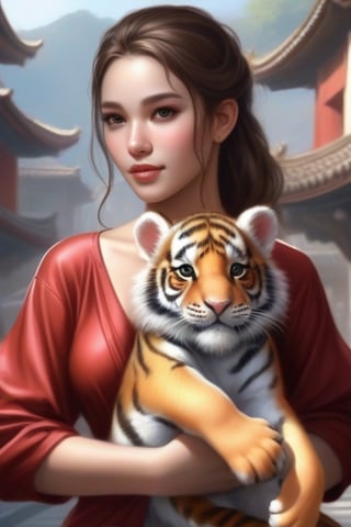 There is a woman holding a tiger man in her arms, Graphic artist Magali Villeneuve, Magali Villeneuve», inspirado em Magali Villeneuve, arte de fantasia hiperrealista, airbrush digital oil painting, Artgerm e Ruan Jia, pintura de fantasia realista, Amano e Karol Bak, arte de fantasia digital ), Ruan Jia e Artgerm