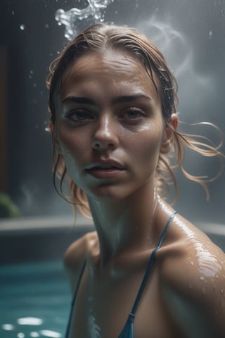dark shot:1.1), epic realistic, RAW, analog, A full portrait of stunning woman wearing swimsuit, alluring expression, swimming pool, clear water, wet hair, natural look, no make up, pureerosface_v1, masterpiece that captures the essence and beauty of the woman and water, ((highly detailed skin, skin details, water details)), sharp focus, volumetric fog, 8k UHD, DSLR, high quality, film grain, Fujifilm XT3, art by greg rutkowski and artgerm, soft cinematic light, adobe lightroom, photolab, hdr, intricate, highly detailed, (depth of field:1.4), faded, (neutral colors:1.2), (hdr:1.4), (muted colors:1.2), hyperdetailed, (artstation:1.4), cinematic, warm lights, dramatic light, (intricate details:1.1), complex background, (rutkowski:0.66), (teal and orange:0.4), (natural skin texture, hyperrealism, good ight, sharp),((exciting posing )), smoke on the water