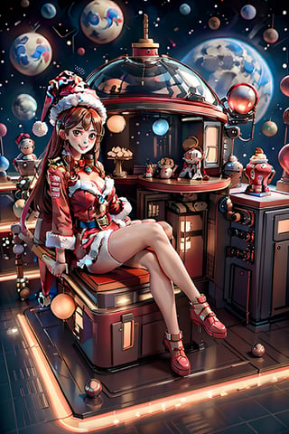 beautiful young woman wearing red santa clothes, reclining in the pilot seat of a spaceship, looking out the cockpit window to a colorful space scene of planets, moons, vibrant nebulae and stars of various sizes, perfectly christmas present,Young beauty spirit 