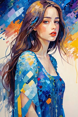 masterpiece, best quality, (2d minimalist vector illustration), 1girl, beautiful woman, open eyes, colorful, (Gustav Klimt blends blue color long hair), (Wassily Kandinsky blends dress:1.2), (acrylic pour art blends background:1.4), (bust shot:1.4)