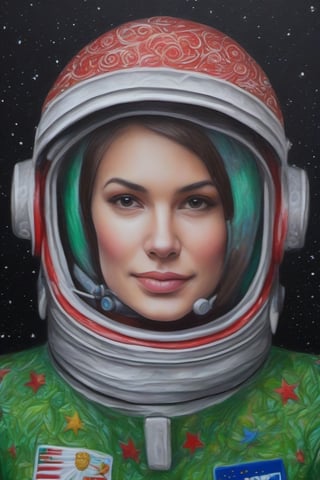 1 girl, beautoful, as a astronaut of Régis Mathias, A detailed, elegant, intricate and colorful portrait in mixed media, closeup, potrait , astronaut helm paint with green and red christmas pattern, astronaut suit paint with christmas pattrern  A masterpiece of surreal art, a vibrant painting --auto --s2,uniformsbodypaint