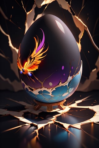 Masterpiece, realistic,, one chinese fire phoenix fly out from  (a crack and break translucent egg),  full body ,stunning beauty, hyper-realistic oil painting, vibrant colors, dark chiarascuro lighting, a telephoto shot, 1000mm lens, f2,8,Vogue,more detail, JIDAN,easter