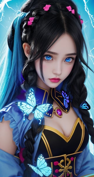 shows elemental elements and ringmaster, intense and bright colors, teenage girl, long black hair, braids, light blue eyes, butterfly details,anime