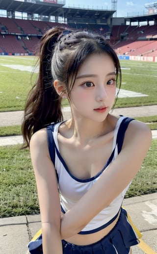 masterpiece, best quality, 1 girl, solo,preteen, pom pom, stadium, jogging, beautiful detailed eyes, black hair, Korean, ,sexy_cheerleader