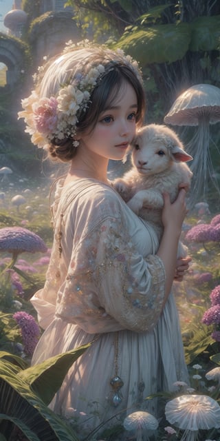 1 girl, in flower field, holding cute white lamb ,detailed lamb , detailed face, ,fantasy_world,jellyfishforest