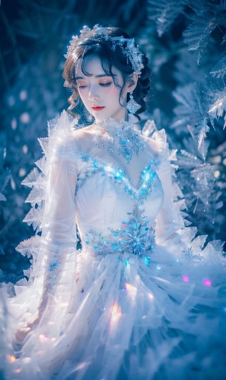 masterpiece, best quality, 1 girl, solo, milky white skin,  ,wrenchfaeflare,  rgb light, crystal splash, fantasy,r1ge,huoshen,snow_crystal_background