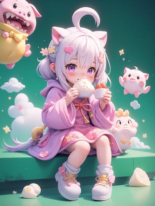 cute monster pig, eating dim sum, purple hat, yellow hanfu, white short,foodpets