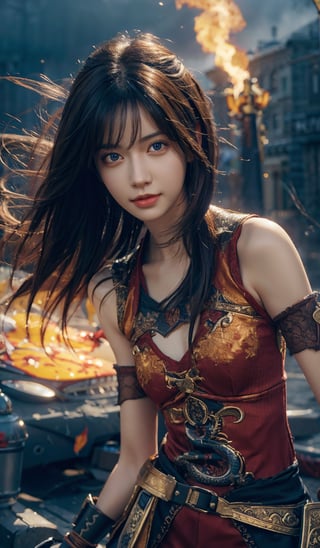 Best quality, masterpiece, ultra high res, 1 girl, beautiful face, detailed skin, gu, dragon,  black hair, blood, arm guards, looking at viewer, black eyes,, floating hair, orange,