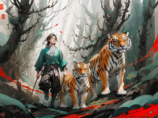 rough wuxia man confront tiger on forest, colourfull, cinematic, wgz_style