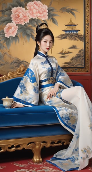 Ceramic material, beige gold tone, a 23-year-old Chinese beauty wearing a gorgeous high-collar dress, with an elegant and leisurely face, full body, sitting on a gorgeous single baroque sofa with a blue background and gold edges. Her outfit is predominantly white with navy blue trim and detailed with a detailed peony pattern. Her perfect long legs were exposed, and there was a blue and white porcelain teapot and teacup on the table next to the chair, indicating that this was a tea party. The floor beneath her feet was strewn with pearls and red beads. Directly behind the background is a gold-framed Chinese painting, and ornate interior decoration surrounds the central figure, adding to the luxurious feel of the scene. detailed face