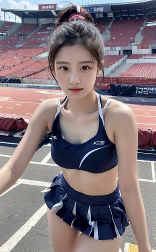 masterpiece, best quality, 1 girl, solo,preteen, pom pom, stadium, jogging, beautiful detailed eyes, black hair, Korean, ,sexy_cheerleader