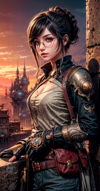 1 girl, musket, steam punk glasses, detailed face, dark red blood sky,ff14bg, soft tone, pastel colour, (scholar pose:1)