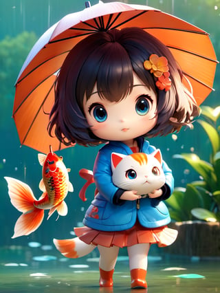 1young girl, curious expression, short hair, flowing hair, bangs, colorful detailed eyes, holding big koi,chibi,Xxmix_Catecat,3d style,umbrella, cat 