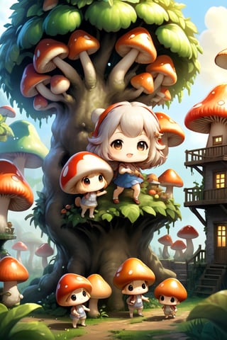 (((masterpiece))), (((best quality))), ((ultra-detailed)), group of child , climbing fruit tree, house made of mushroom background, cinematic light, ,chibi,Xxmix_Catecat, detail chibis  (dynamic pose:1.5) 