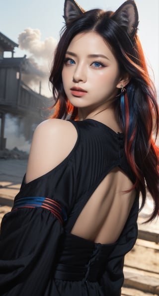 vibrant colors, female, masterpiece, sharp focus, best quality, depth of field, cinematic lighting, ((solo, one woman )), (illustration, 8k CG, extremely detailed), masterpiece, ultra-detailed,solo, blue eyes, black hair, ribbon, red hair, multicolored hair, two-tone hair, streaked hair, alternate hairstyle, dark dress, katana in hand in front of face,
the background is filled with smoke and destruction, crows soar in the sky, creating an atmosphere of chaos, long hair, (fox ears, three tailed fox,) anger on the face, black earring, (full length)