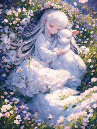 1 girl, sleep in flower field, holding cute white lamb ,Witch, detailed lamb , detailed face, 