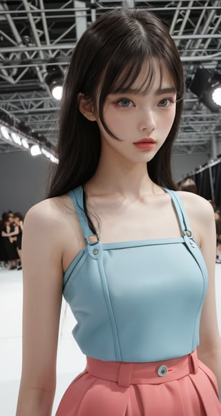 1 girl , catwalk, backstage, prada spring summer, dynamic angle, , 