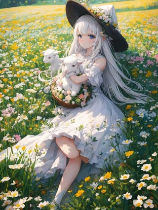 1 girl, sleep in flower field, holding cute white lamb ,Witch, detailed lamb , detailed face, 