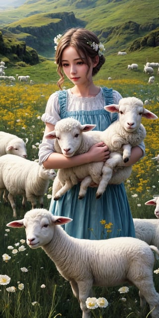 1 girl, in flower field, holding cute white lamb ,detailed lamb , detailed face, ,fantasy_world, masterpiece,  windy