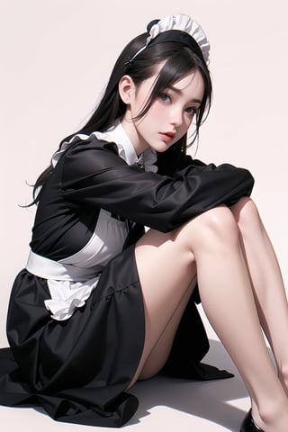 solo,((bishoujo)),(Victoria black maid dress),Realism,(Random_background),hugging own legs,