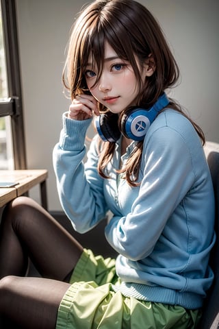 ((masterpiece, 8k, RAW, ultra realistic)), dynamic view, dutch angle, miku nakano, nakano_miku_ecsta, having breakfast before school, long hair, bangs, blue eyes, brown hair, shirt, hair between eyes, big smile, headphones,  (BLUE CARDIGAN), white shirt, (GREEN SKIRT), (black pantyhose), headphones around neck,
,MIKU NAKANO,nakano_miku_ecsta,masterpiece