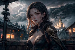 Cleavage, Lit from the front, on  a rainy day, in bus stop ,in fantasy world, dramatic theme, dramatic weather, dark theme ,Realism,detailed face ,ultra clear face ,sharp image , ultra clearn image and body ,detailed eyes detailed nose detailed lips 