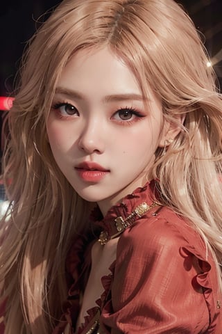 close-up portrait of Rose Blackpink, blonde hair, (red minidress:1.3), k-pop Idol, contrapposto, best quality, ultra high res, (photorealistic:1.3), 1girl, small breasts, (in a nighclub:1.3), 