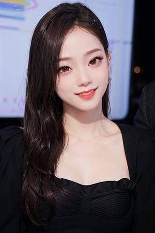 (close-up portrait:1.3) of Jisoo Blackpink, smiling, (red inidress:1.3), kpop Idol, contrapposto, best quality, ultra high res, (photorealistic:1.3), 1girl, small breasts, (in a nighclub:1.3), ,jisoo
