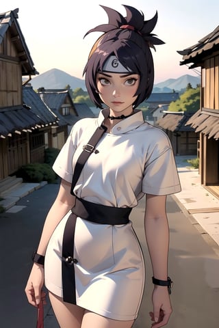 high detailed, high quality, centered, (masterpiece), realistic, 4k,1girl, , anime style, medium distance, naughty_face, ninja headband, konoha village scenary,hourglass body shape, ,mitarashi anko, leash, small waist, big hips,Realism