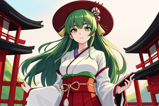 1girl,medium_breasts,green_hair,green-eyes,traditional_japanese_clothes,hat,long_hair,masterpiece,temple_japanese,high definition