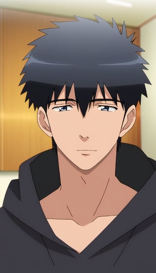 solo, short scruffy black hair, 1boy cute, upper body, male focus, hood,floating rhombus, ,screenshot, toned male, toned, slim muscular, very handsome young man, (wearing black shirt), lewd teasing expression, indoors, ((((anime)))),