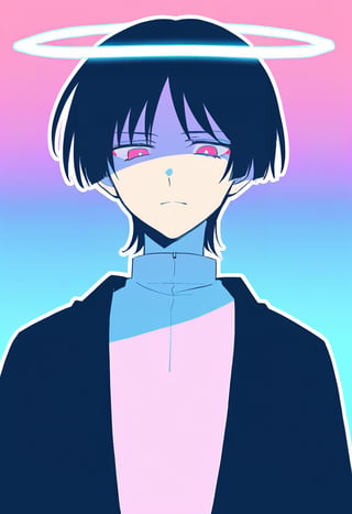 solo, looking at viewer, short hair, scaramouche, closed mouth, bangs, vibrant red eyes, shirt, black hair, hair between eyes, (pastel palette), serious expression, black haori, ((large black inazuma Halo behind head)), large black inazuma Halo behind head), inazuma, ((shaded eyes)), shaded face, male focus,  (corrupt scaramouche),