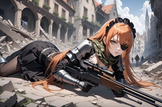 score_9, score_8_up, score_7_up, score_6_up, source_anime, masterpiece, best quality, ultra-detailed, highres, absurdres, Expressiveh, 
1girl, solo, cz2128_delta \(overlord\), 1girl, long hair, green eyes, orange hair, eyepatch, 
maid, maid headdress, camouflage, green scarf, gloves, dress, boots, armor, gun, 
collapsed medieval European city centres, rubble, outdoors, 
sniper girl, lying, on stomach, rifle, holding rifle, sniperrifle, AIM, 