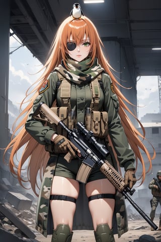 score_9, score_8_up, score_7_up, score_6_up, source_anime, masterpiece, best quality, ultra-detailed, highres, absurdres, 
1girl, solo, cz2128_delta \(overlord\), long hair, green eyes, orange hair, eyepatch, 
military uniform, double breasted jacket, scarf, camouflage, combat gloves, combat boots, camo plate carrier rig, (magazine pouches), (kneepads), 
military base, outdorrs, 
holding assault rifle, penguin on the head, ,Military anime girl