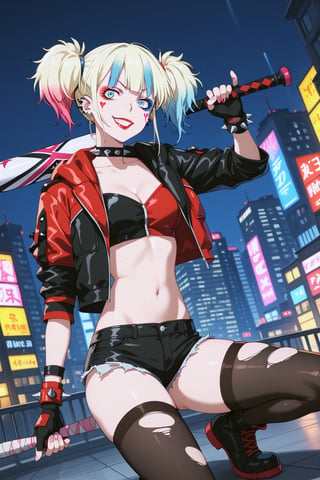 score_9, score_8_up, score_7_up, score_6_up, source_anime, 
1girl, solo, harley quinn, bangs, blue eyes, blonde hair, twintails, blue hair, multicolored hair, choker, gradient hair, makeup, piercing, pink hair, lips, lipstick, red lips, cleavage, midriff, navel, 
jacket, cropped jacket, multicolored jacket, black jacket, open jacket, open clothes, crop top, shorts, micro shorts, short shorts, collar, spiked collar, gloves, black gloves, fingerless gloves, spikes, spiked bracelet, thighhighs, black thighhighs, jewelry, bracelet, torn clothes, tattoo, chain, 
city, night time, outdoors, 
crouching, looking at viewer, cowboy shot, dutch angle, holding baseball bat, grin, 