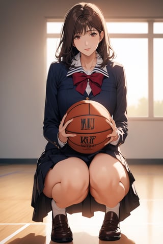 score_9, score_8_up, score_7_up, score_6_up, rating_explicit, masterpiece, best quality, beautiful lighting, haruk0akagi, navy school uniform, skirt, brown hair, pleated skirt, long sleeves, red bow, basketball court, indoor, squatting on court, holding basketball, light smile, lookin at viewer, sunset